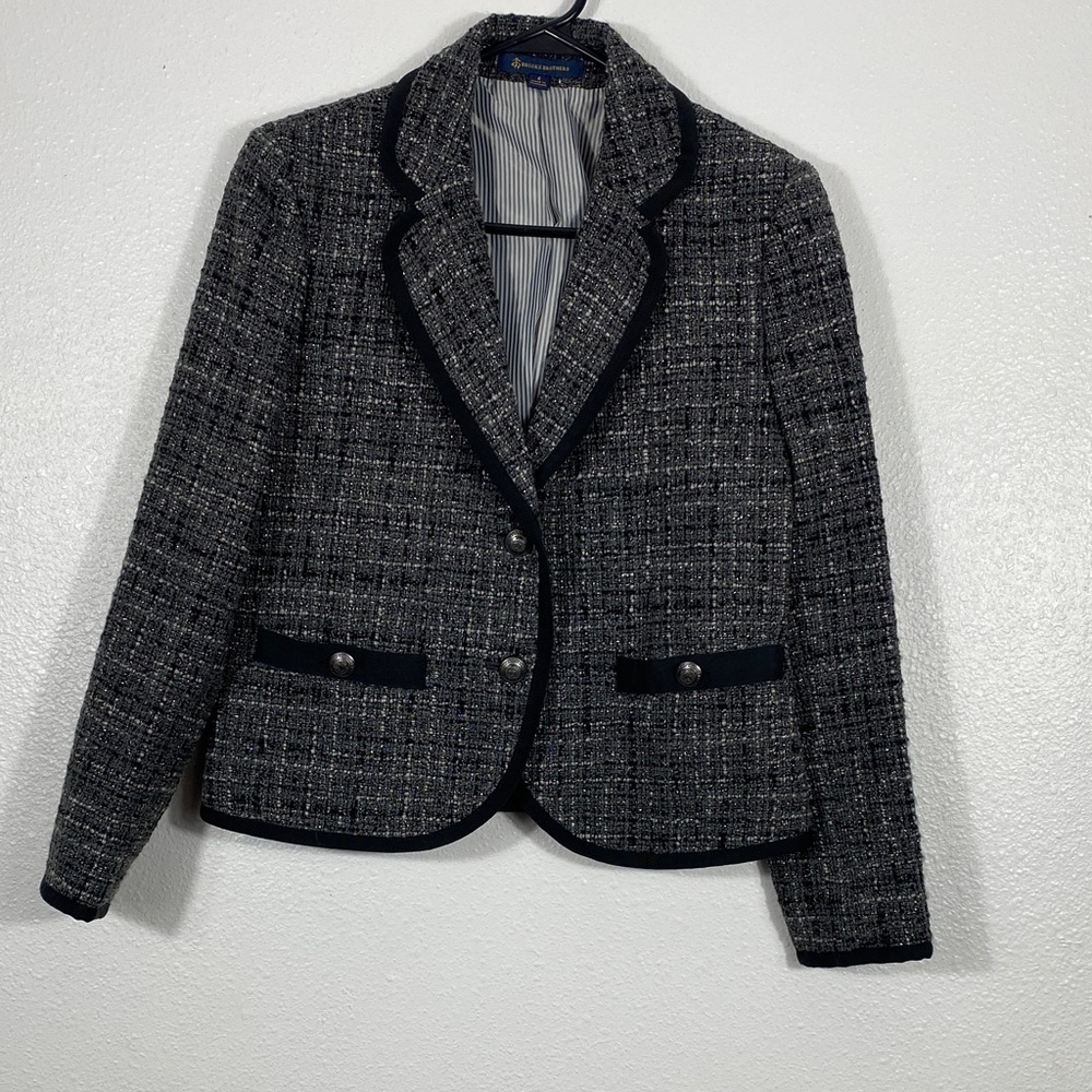 Brooks Brothers Black & Gray Tweed Blazer Jacket Size 4 47% Acrylic 26% viscose